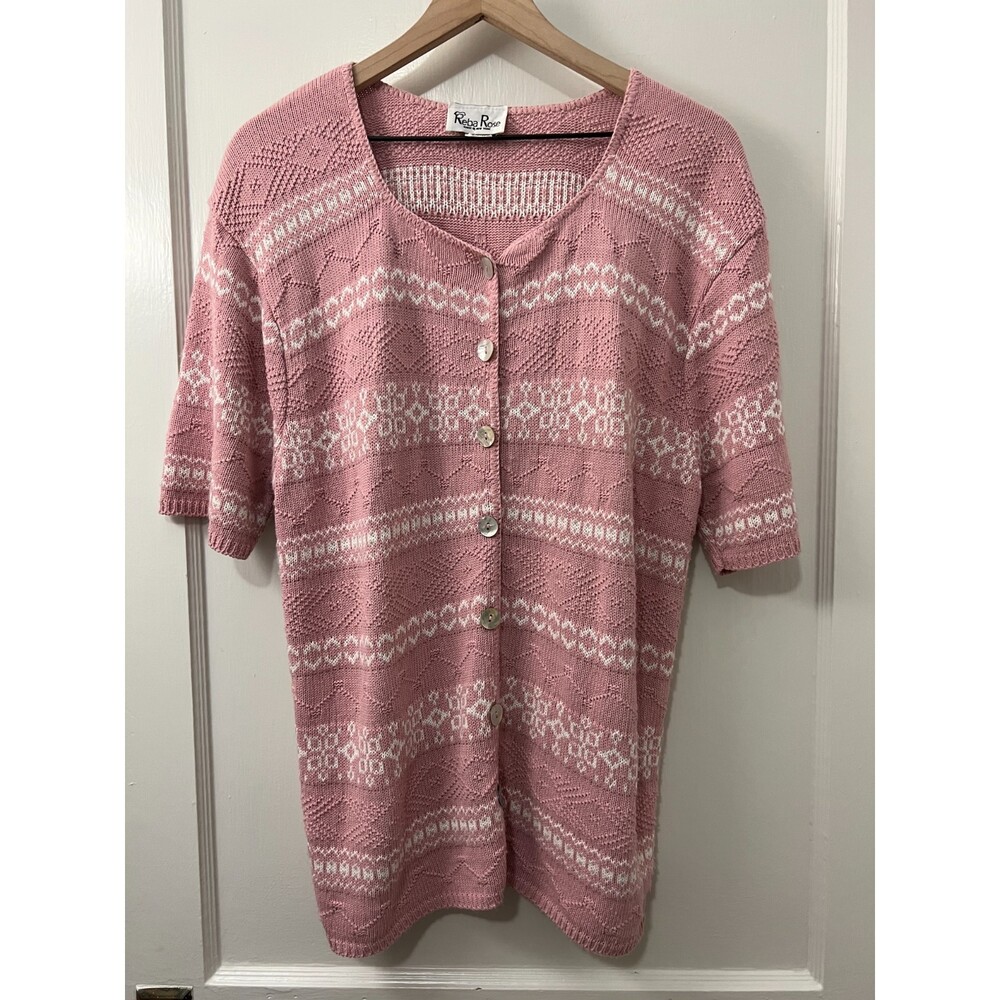 Reba Rose Vintage Pink White Short Sleeve Button Front Sweater Women's 14 / 16